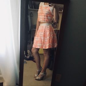 Coral and white floral two piece dress